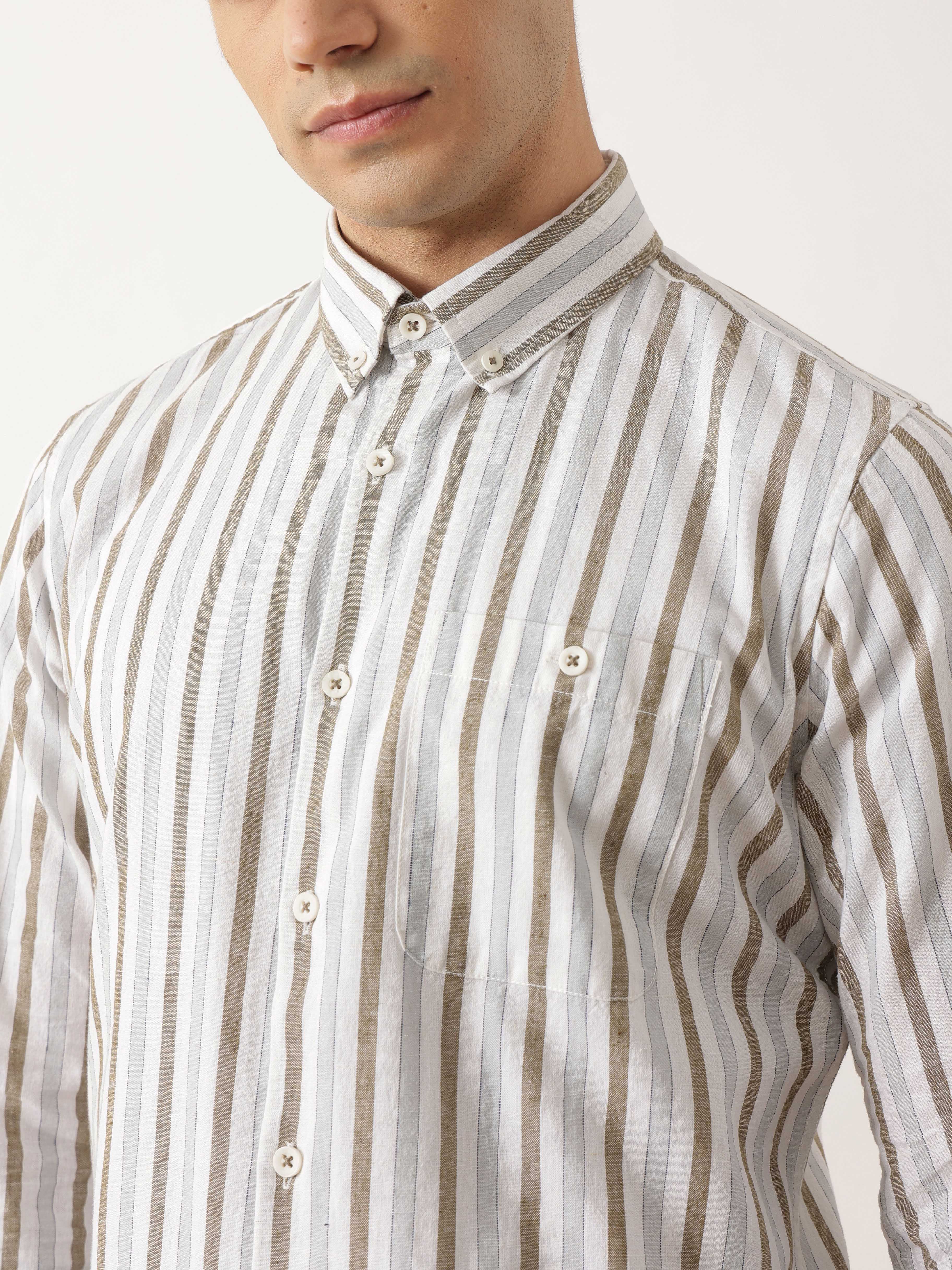 Thomas Scott Men Premium White Slim Fit Long Sleeves Vertical Striped Cotton Linen Casual Shirt with Button Down Collar