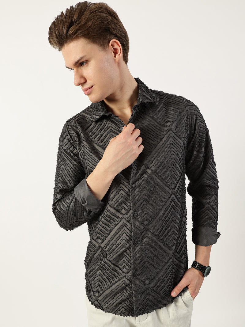 Thomas Scott Men Grey Premium Long Sleeves Slim Fit Spread Collar Textured Casual Shirt