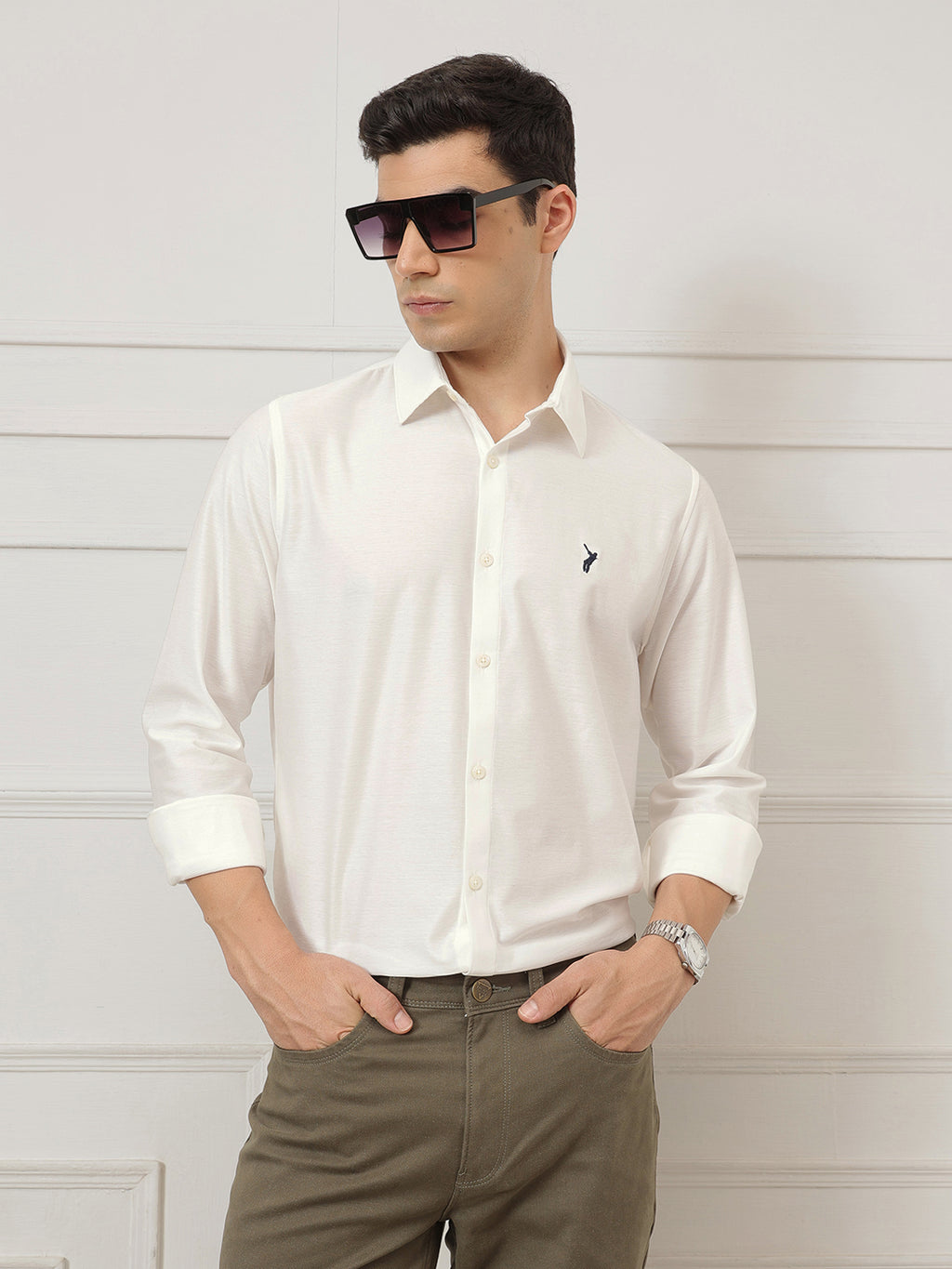 Off White Premium Regular Fit Long Sleeves Spread Collar Solid Knitted Casual Shirt For Men