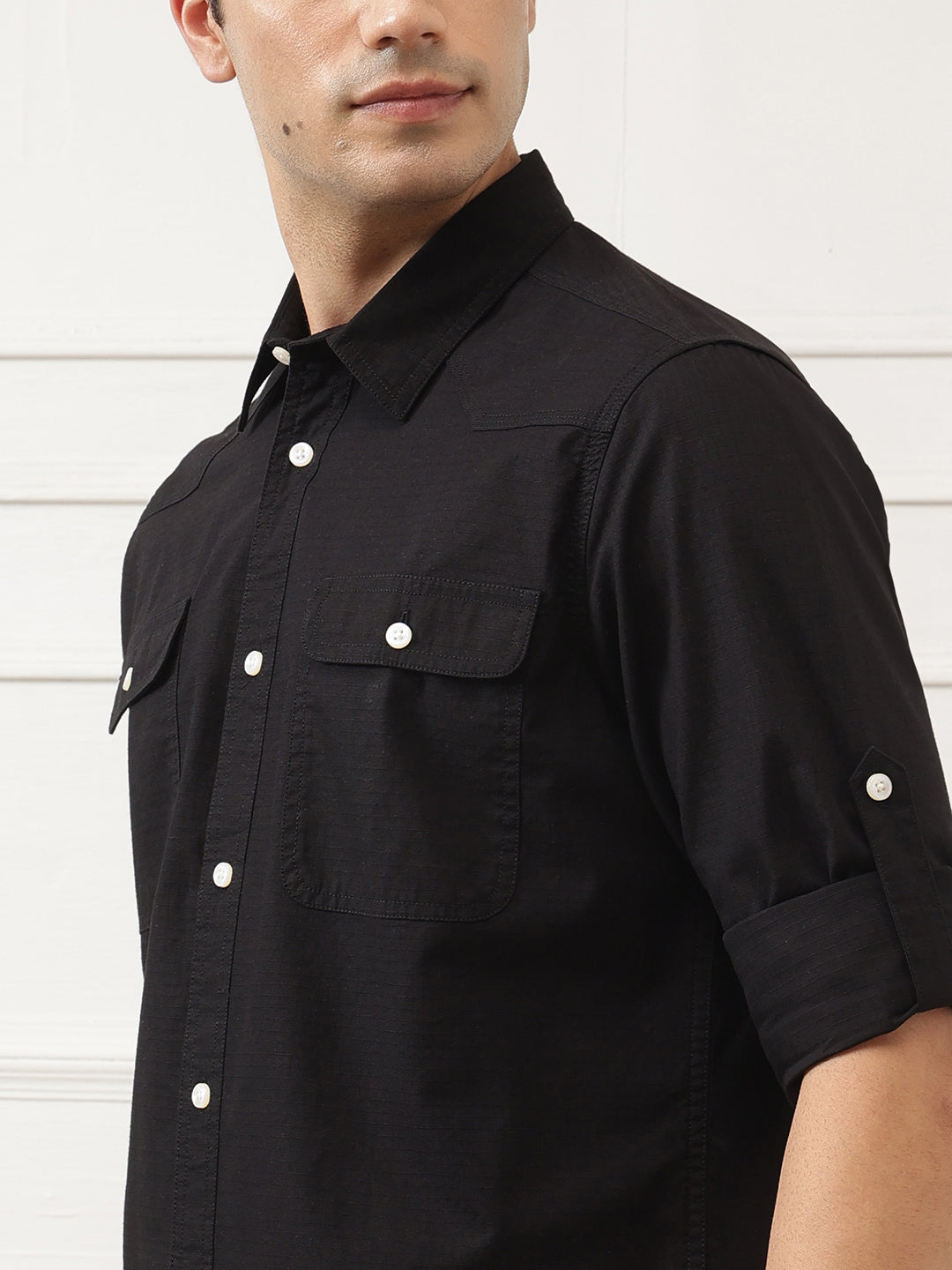 Black Roll-Up Sleeve Regular Fit Spread Collar Textured Cotton Casual Shirt For Men
