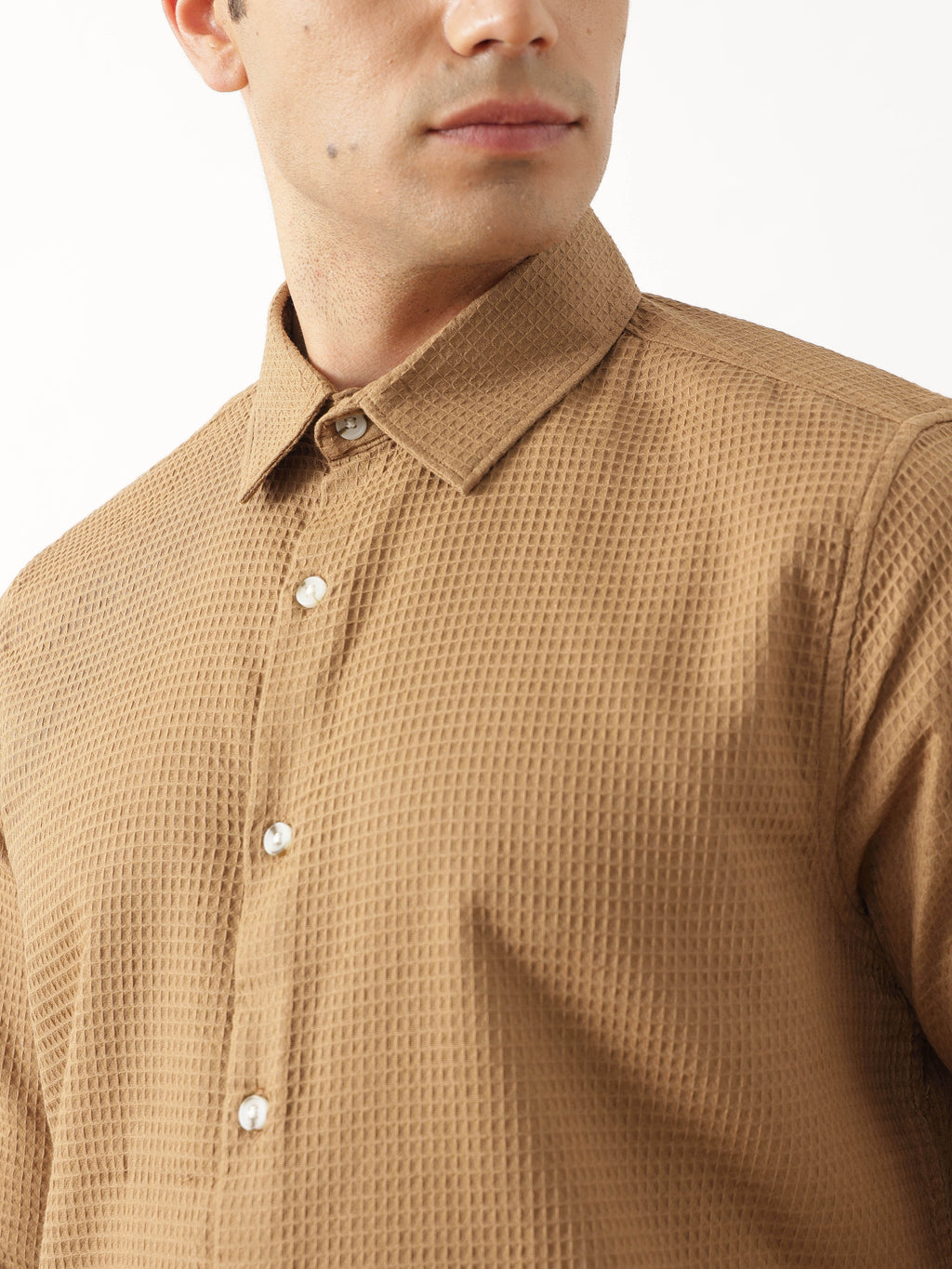 Thomas Scott Men Premium Rust Regular Fit Long Sleeves Spread Collar Textured Casual Shirt