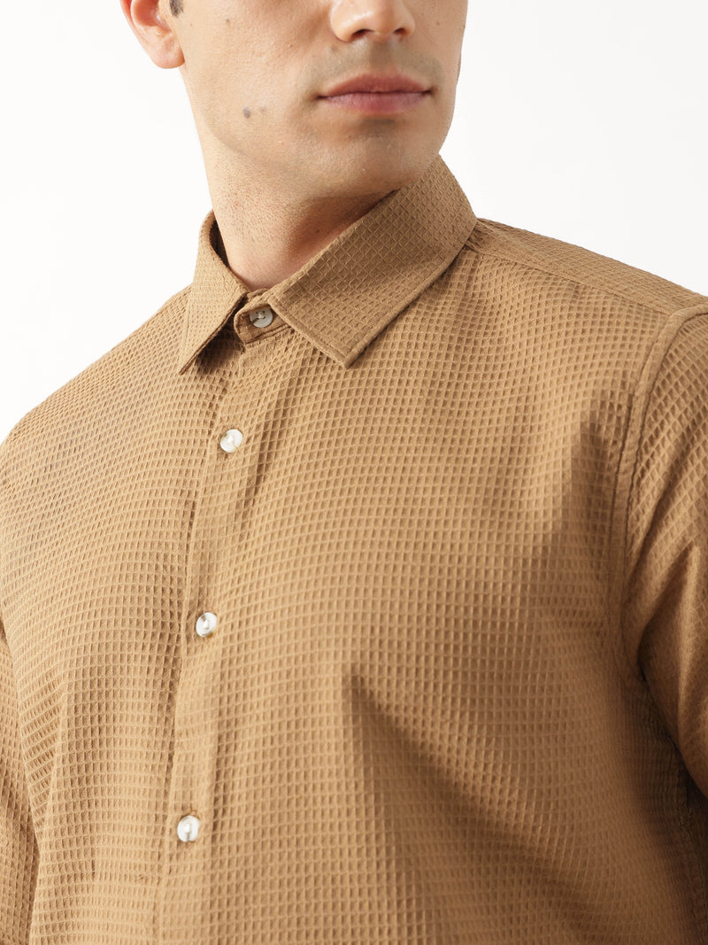 Thomas Scott Men Premium Rust Regular Fit Long Sleeves Spread Collar Textured Casual Shirt