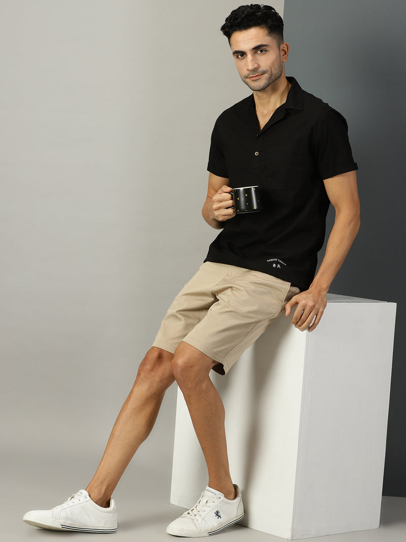 Thomas Scott Men Black Classic Short Sleeves Regular Fit Spread Collar Solid Cotton Casual Shirt