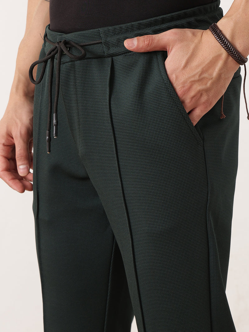 Thomas Scott Men Green Smart Regular Fit Mid-Rise Textured Pleated Knitted Casual Trousers with Drawstring Closure
