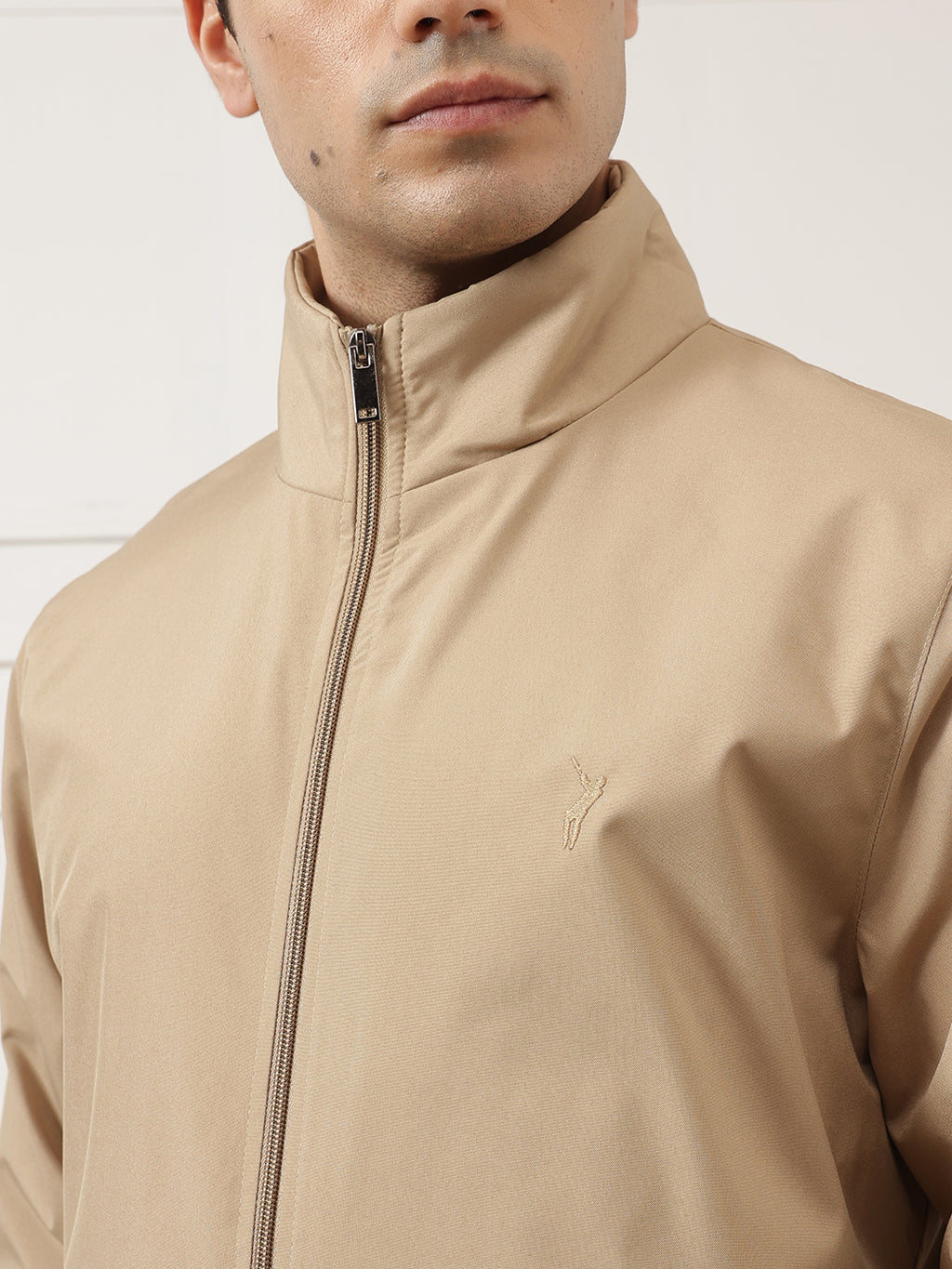 Beige Regular Fit Solid Full Sleeves Stand Collar Zip-Front Casual Bomber Jacket For Men