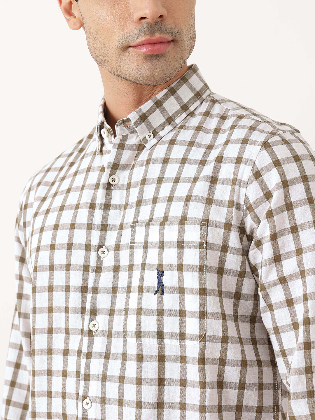 Thomas Scott Men Brown Regular Fit Long Sleeves Gingham Checks Button Down Collar Cotton Linen Casual Shirts