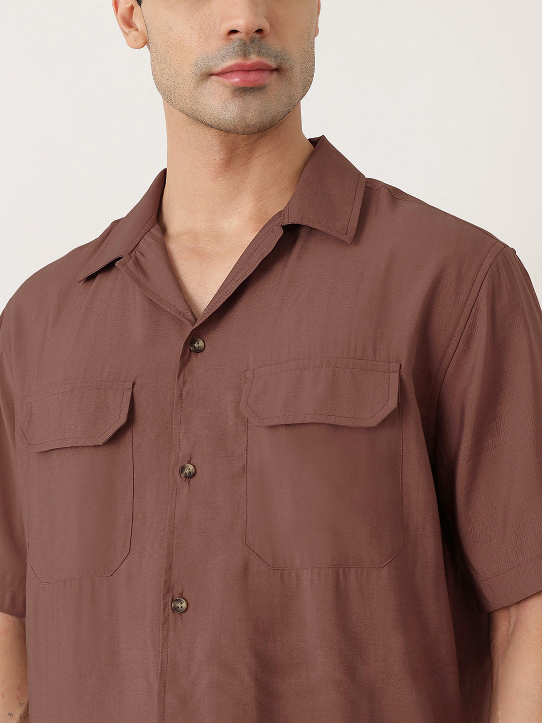 Thomas Scott Men Premium Rust Oversize Fit Short Sleeves Cuban Collar Textured Casual Shirt