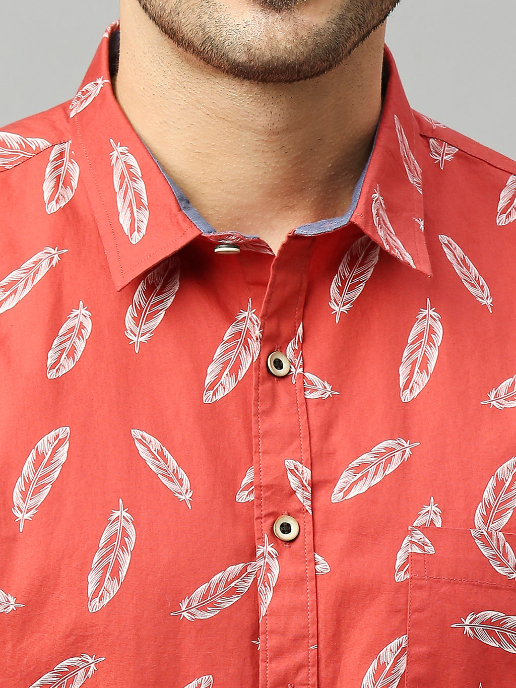 Thomas Scott Men Coral Classic Short Sleeves Slim Fit Spread Collar Floral Printed Cotton Casual Shirt
