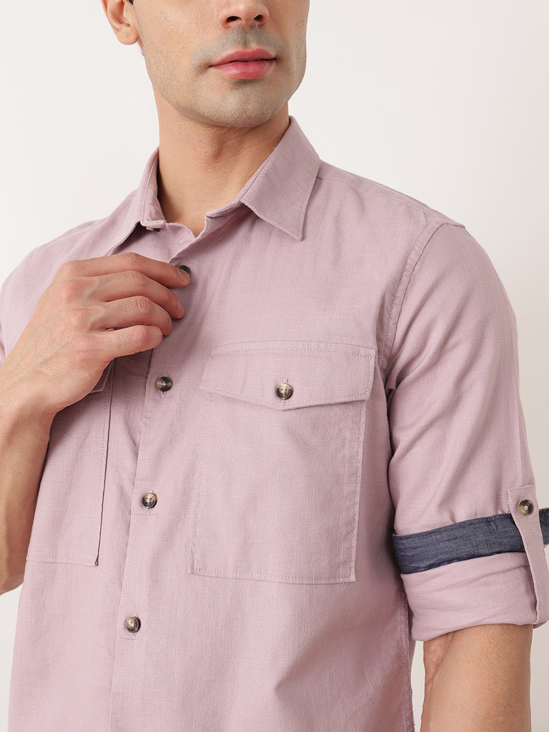 Thomas Scott Men Lilac Premium Slim Fit Long Roll-Up Sleeves Spread Collar Solid Cotton Casual Shirt with Flap Pockets