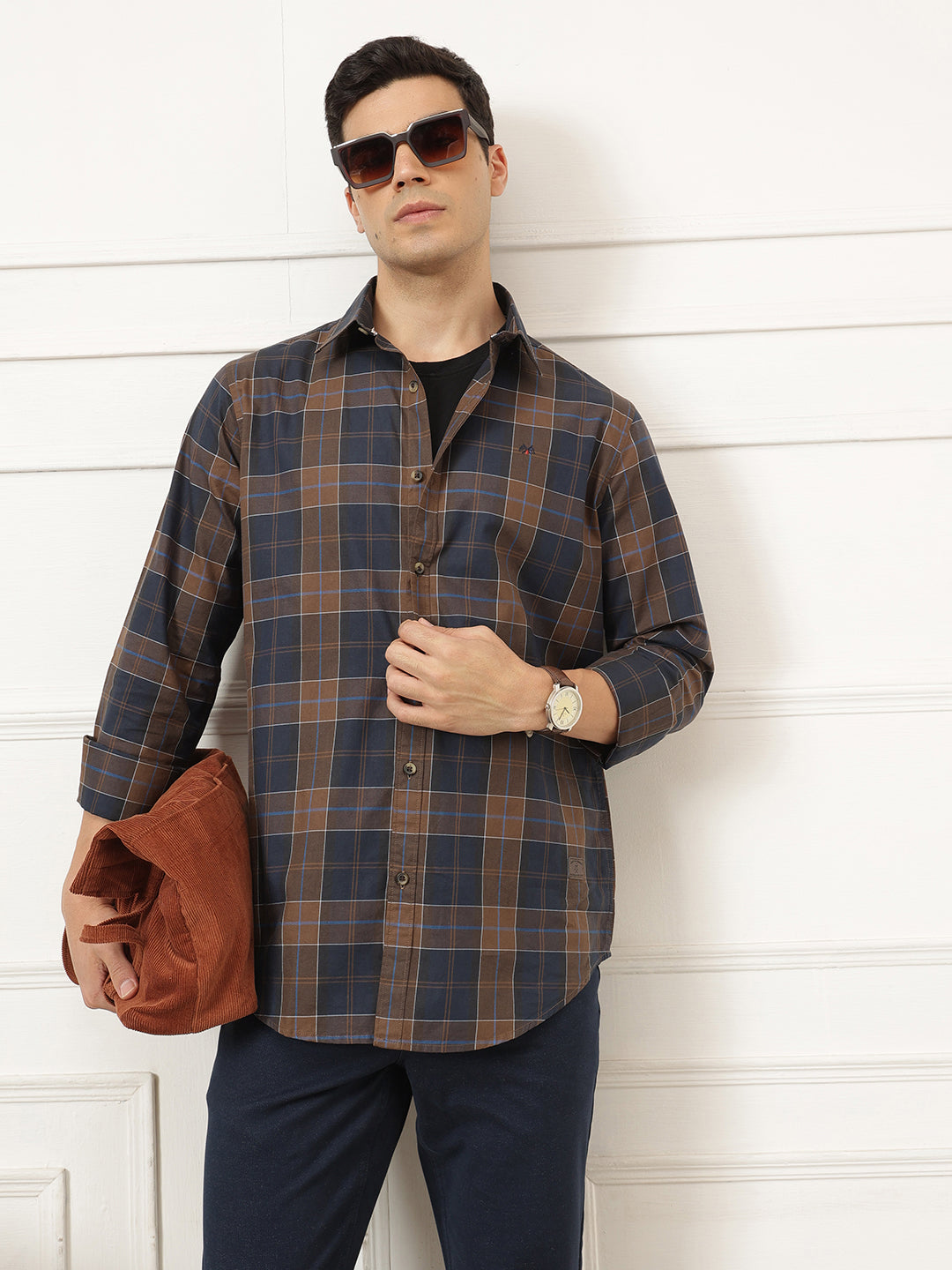 Brown Premium Regular Fit Tartan Checks Cotton Twill Shirt For Men