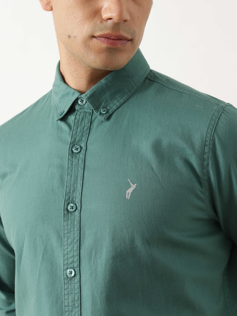 Thomas Scott Men Classic Olive Regular Fit Long Sleeves Button Down Collar Solid Cotton Twill Shirt