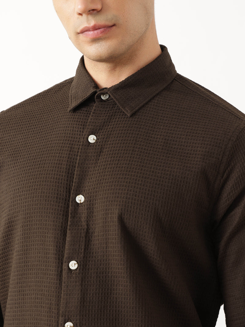 Thomas Scott Men Premium Brown Regular Fit Long Sleeves Spread Collar Textured Casual Shirt