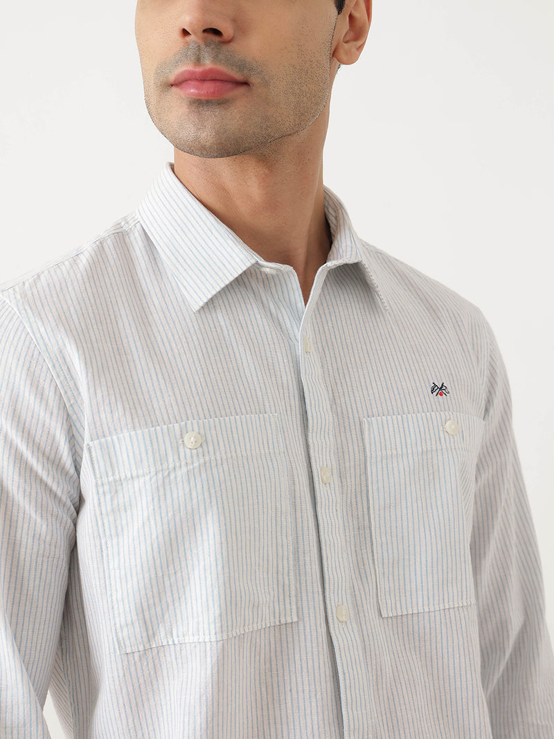 Thomas Scott Men Premium Blue Regular Fit Long Sleeves Spread Collar Pinstripes Cotton Linen Casual Shirt