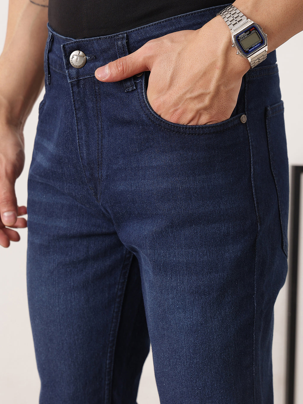 Thomas Scott Men Dark Blue Smart Slim Fit Mid-Rise Light Fade Clean Look Stretchable Jeans