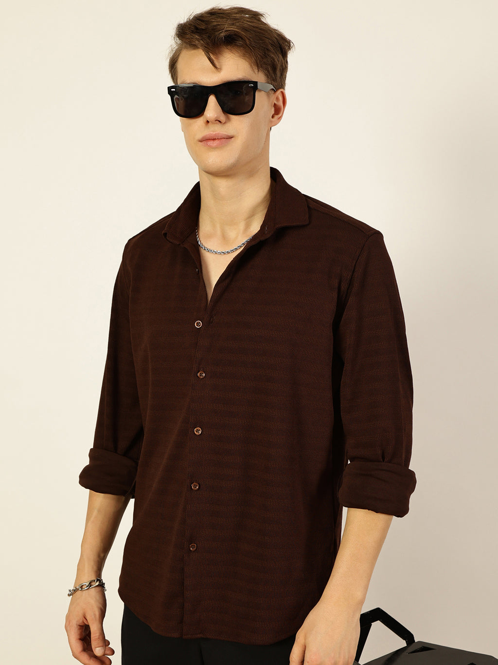 Thomas Scott Men Brown Premium Regular Fit Long Sleeves Spread Collar Textured Casual Shirt