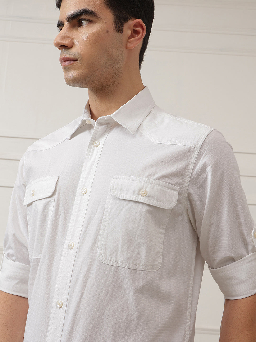 White Optical Roll-Up Sleeve Regular Fit Spread Collar Textured Cotton Casual Shirt For Men