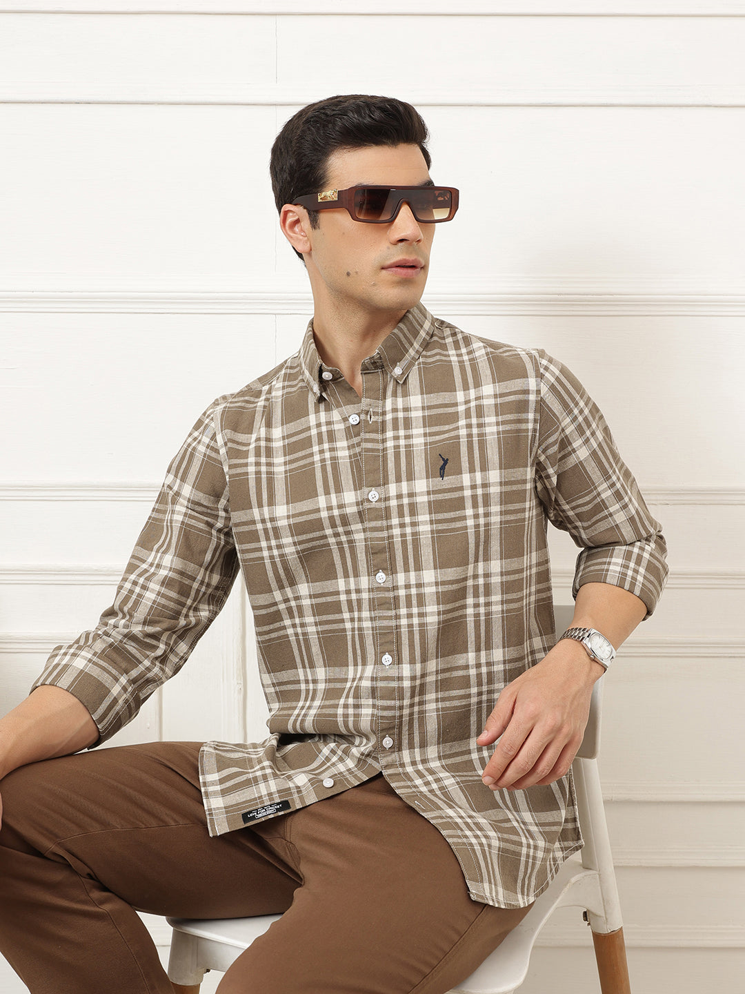 Brown Premium Regular Fit Tartan Checks Cotton Linen Shirt For Men