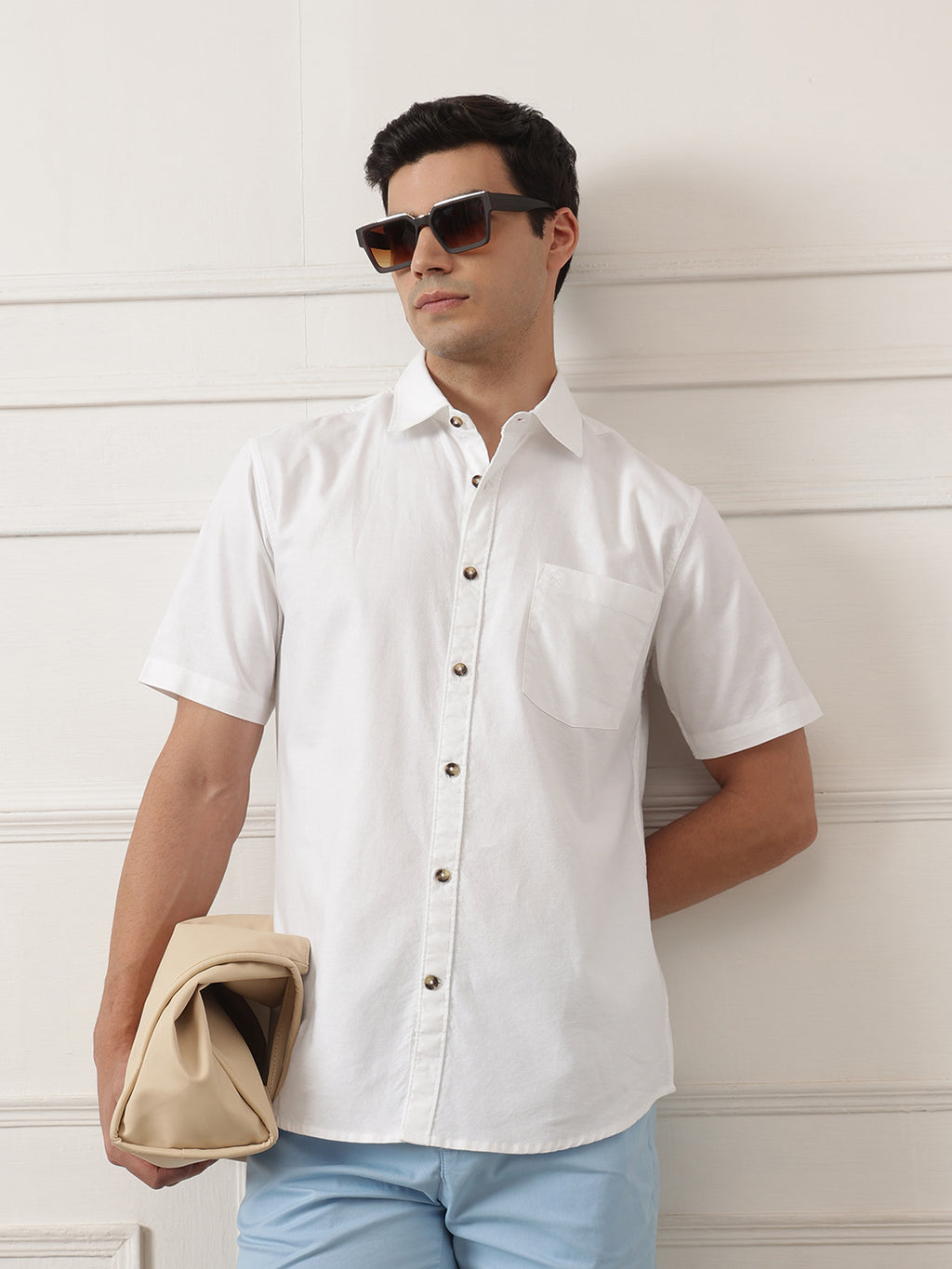 Optical White Regular Fit Short Sleeve Spread Collar Solid Oxford Cotton Casual Shirt For Men