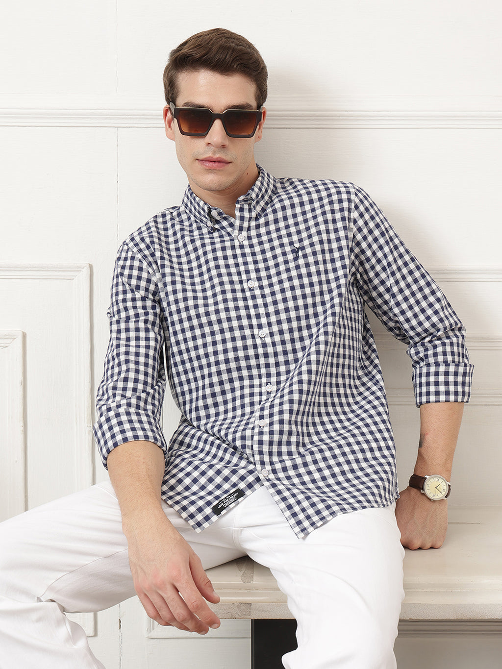 Navy Premium Regular Fit Gingham Checks Cotton Linen Shirt For Men