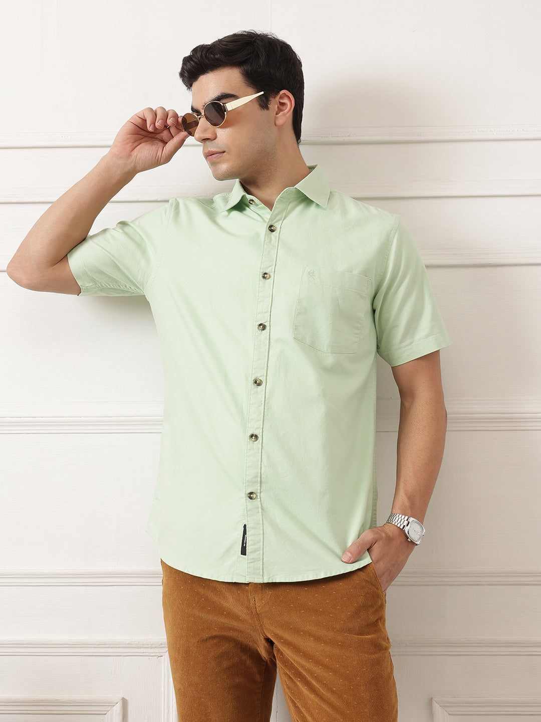 Pista Regular Fit Short Sleeve Spread Collar Solid Oxford Cotton Casual Shirt For Men