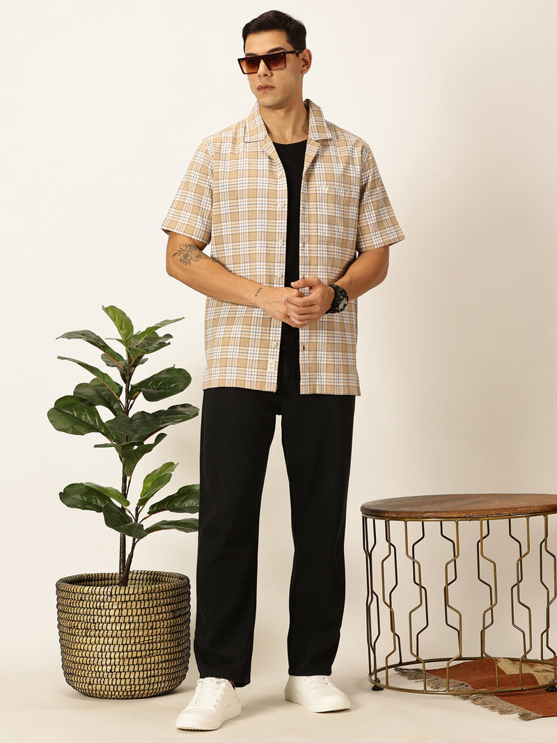 Thomas Scott Men Beige Premium Oversized Short Sleeves Tartan Checks Cuban Collar Casual Shirts