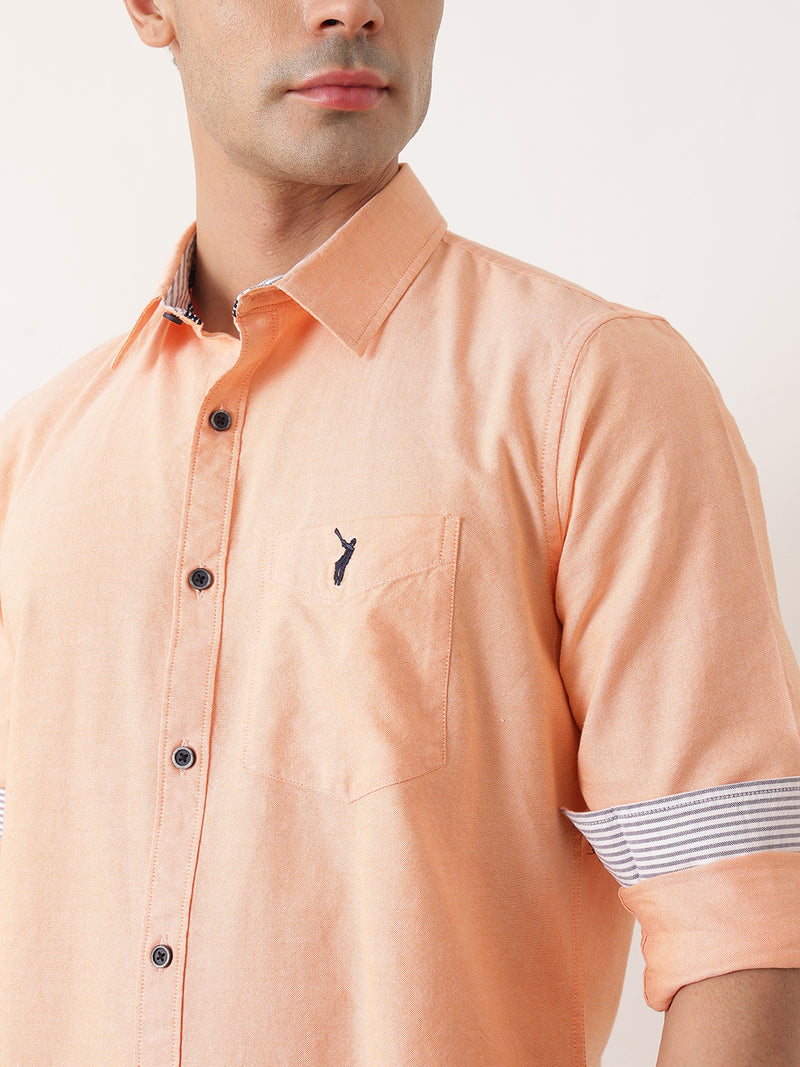 Thomas Scott Men Orange Premium Slim Fit Long Sleeves Spread Collar Solid Cotton Twill Shirt