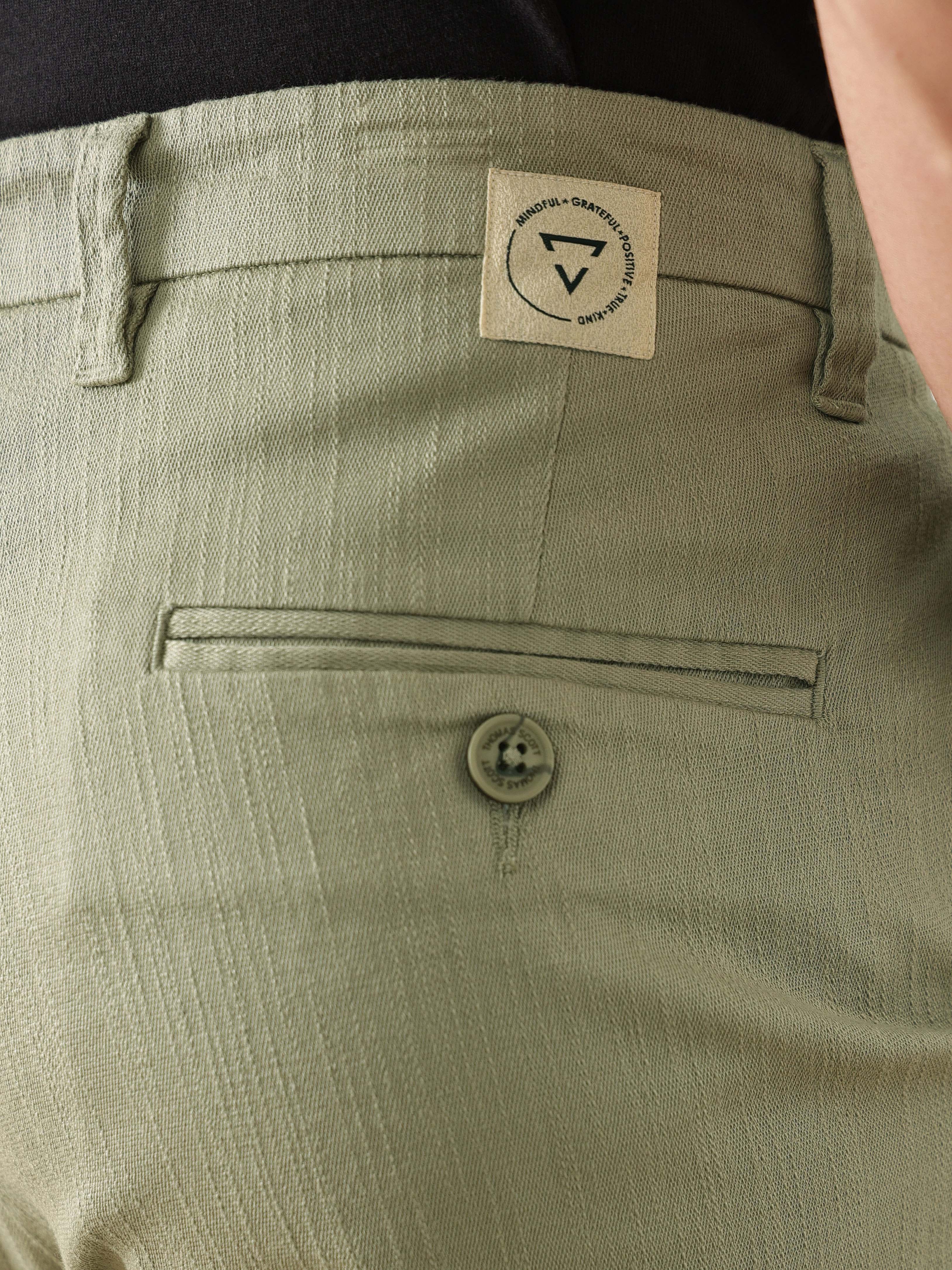 Thomas Scott Men Olive Smart Solid Regular Fit Woven Linen Pleated Trousers