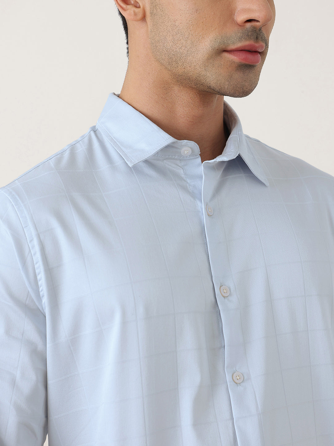 Thomas Scott Men Premium Sky Blue Regular Fit Long Sleeves Spread Collar Windowpane Checks Cotton Lycra Casual Shirt