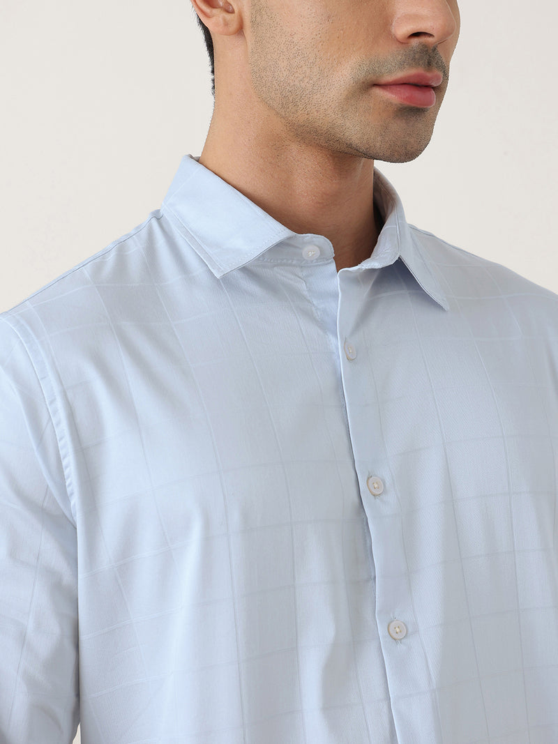 Thomas Scott Men Premium Sky Blue Regular Fit Long Sleeves Spread Collar Windowpane Checks Cotton Lycra Casual Shirt