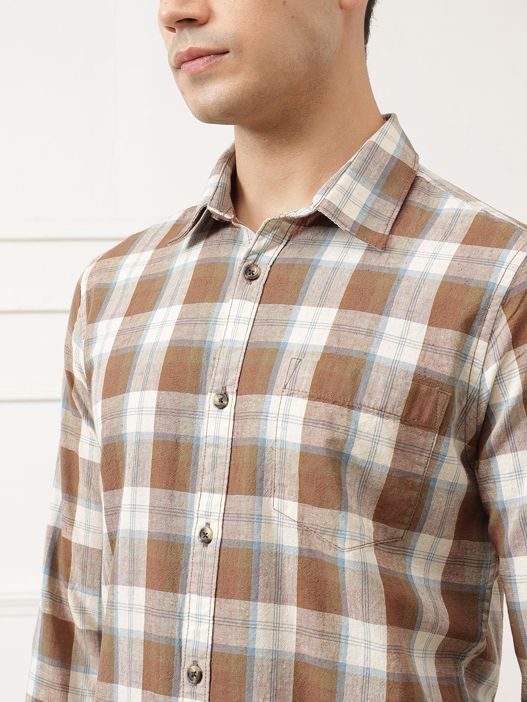 Brown Premium Slim Fit Graphic Checked Cotton Linen Casual Shirt For Men
