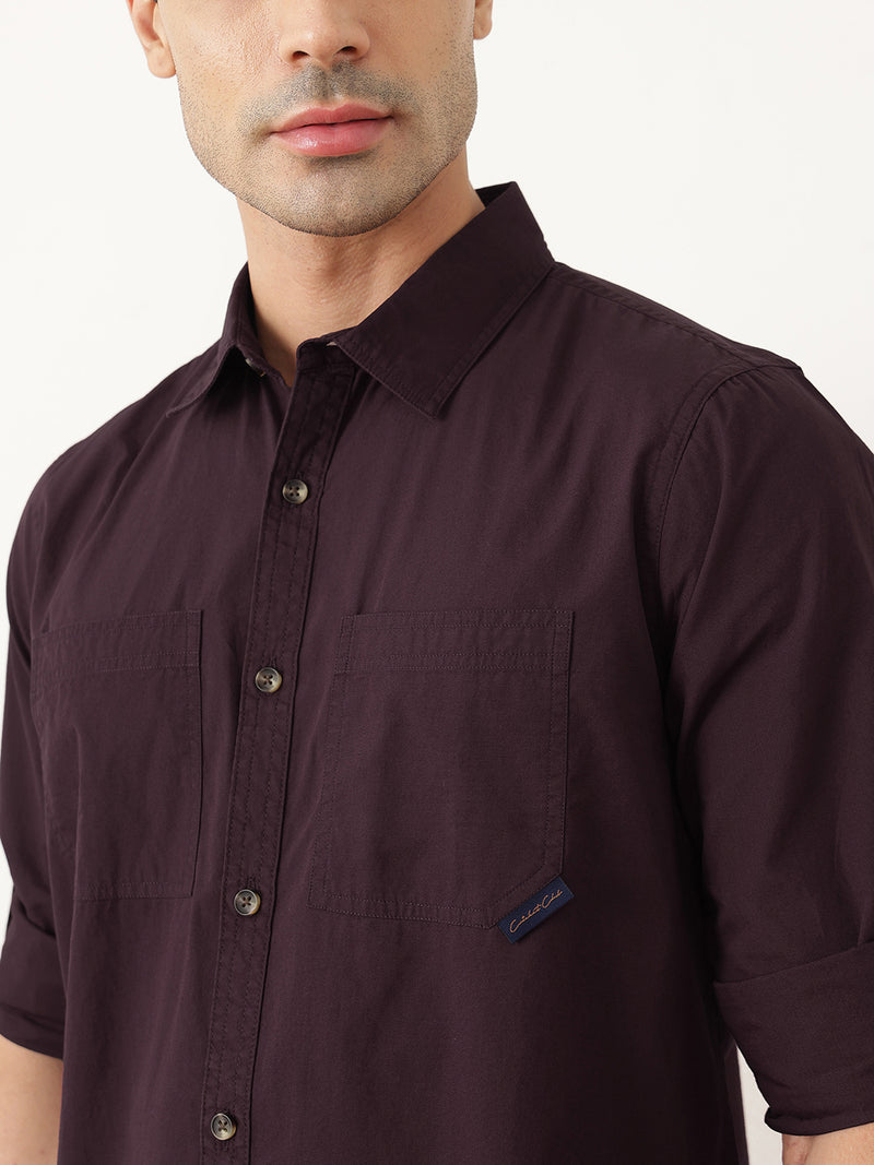 Thomas Scott Men Premium Wine Slim Fit Long Roll-Up Sleeves Spread Collar Solid Cotton Casual Shirts