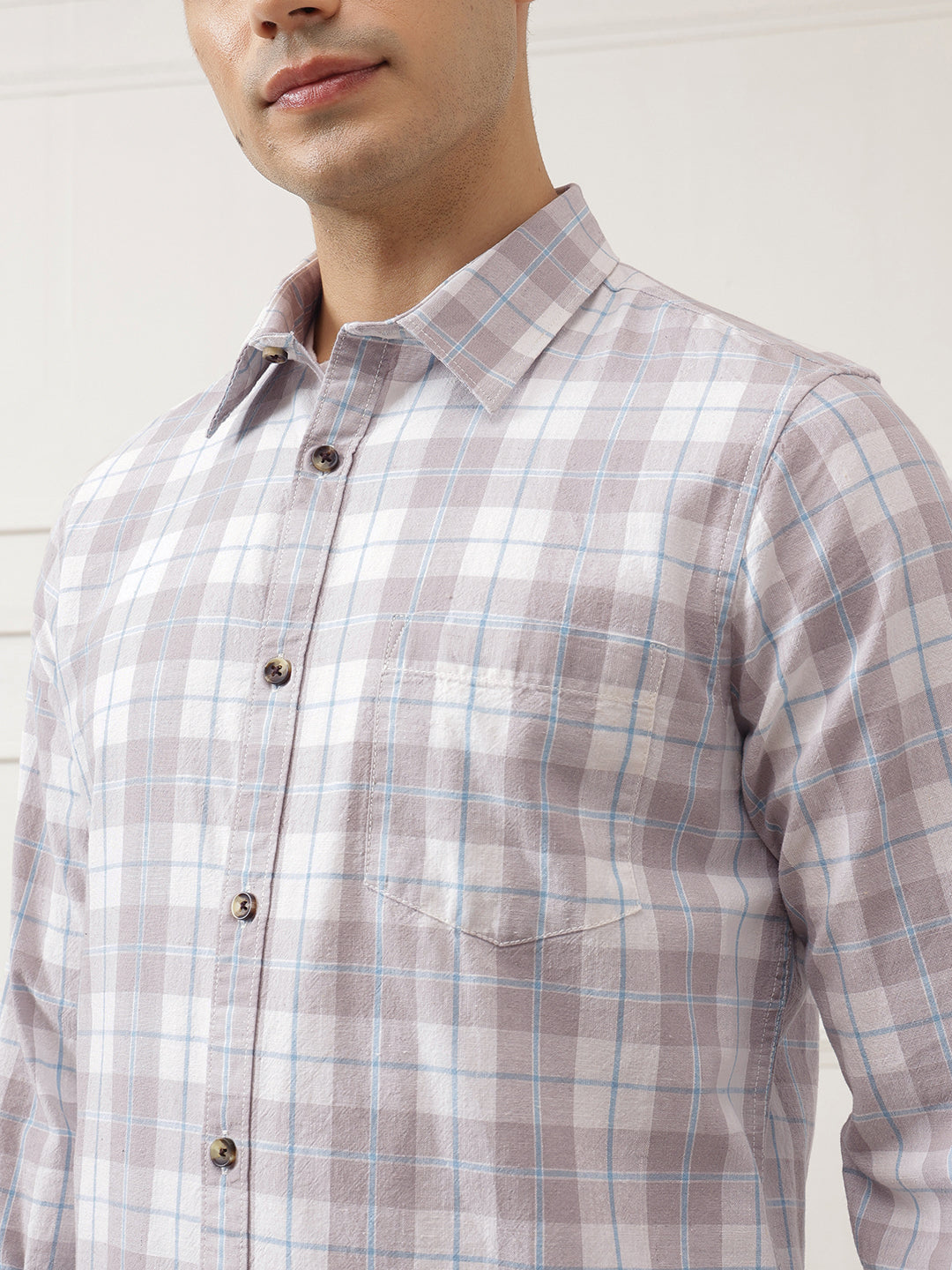 Grey Premium Slim Fit Graphic Checked Cotton Linen Casual Shirt For Men