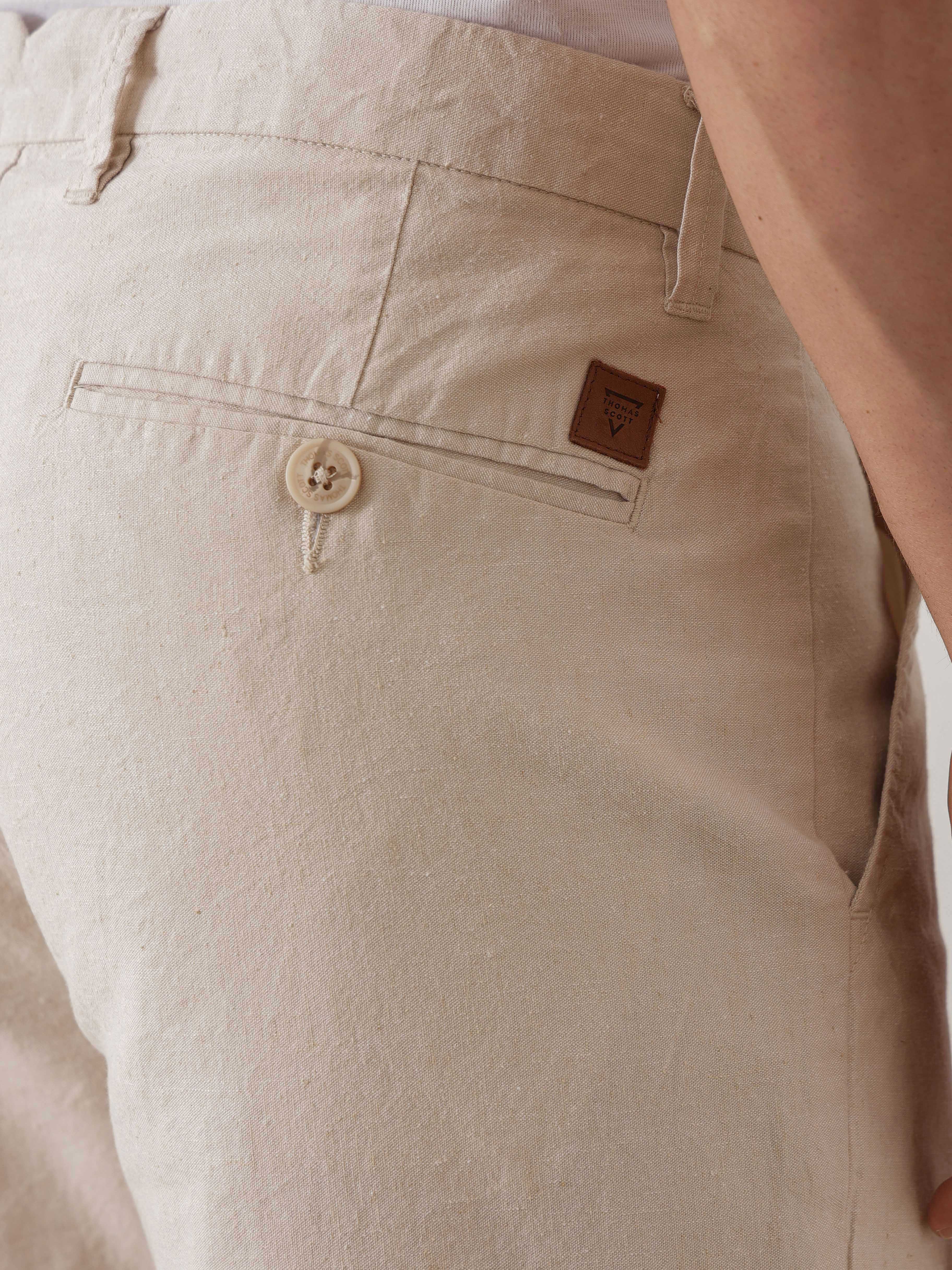 Thomas Scott Men Smart Beige Straight Fit Mid-Rise Solid Woven Linen Trouser