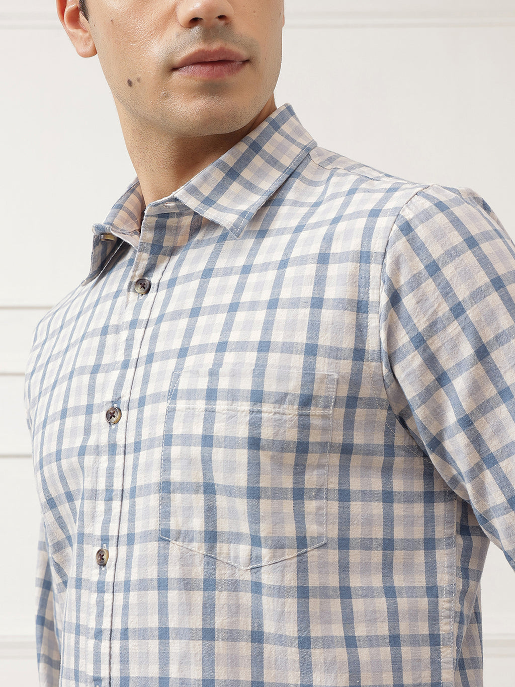 Mid Blue Premium Slim Fit Graphic Checked Cotton Linen Casual Shirt For Men