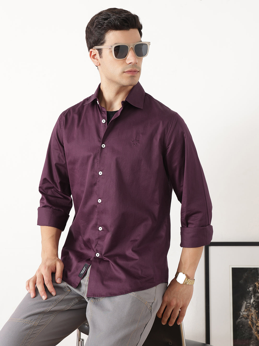 Wine Premium Slim Fit Solid Cotton Casual Shirt For Men