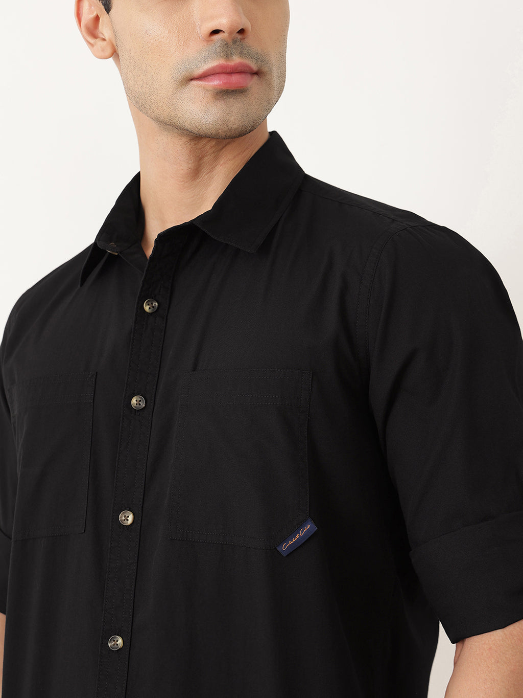 Thomas Scott Men Black Premium Slim Fit Long Roll-Up Sleeves Spread Collar Solid Cotton Casual Shirts