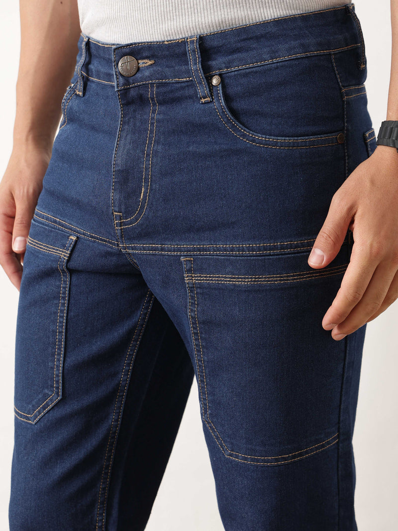 Thomas Scott Men Dark Blue Carrot Fit Mid-Rise Medium Shade Clean Look Stretchable Jeans