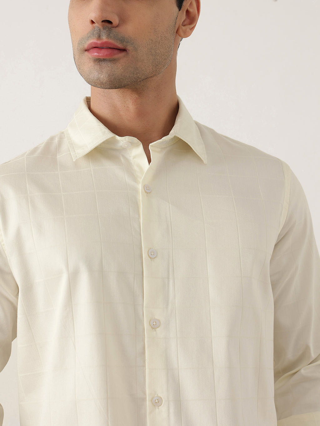Thomas Scott Men Premium Lemon Regular Fit Long Sleeves Spread Collar Windowpane Checks Cotton Lycra Casual Shirt