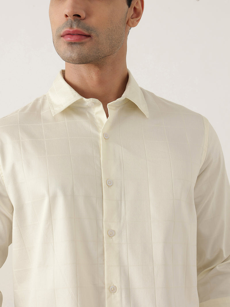 Thomas Scott Men Premium Lemon Regular Fit Long Sleeves Spread Collar Windowpane Checks Cotton Lycra Casual Shirt