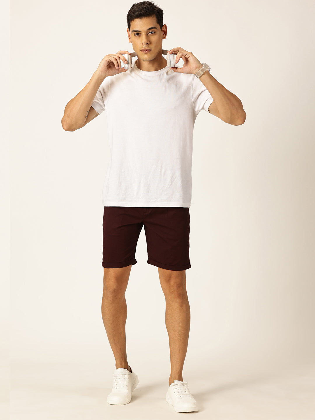 Thomas Scott Men Wine Smart Regular Fit Mid-Rise Solid Cotton Woven Chinos Shorts