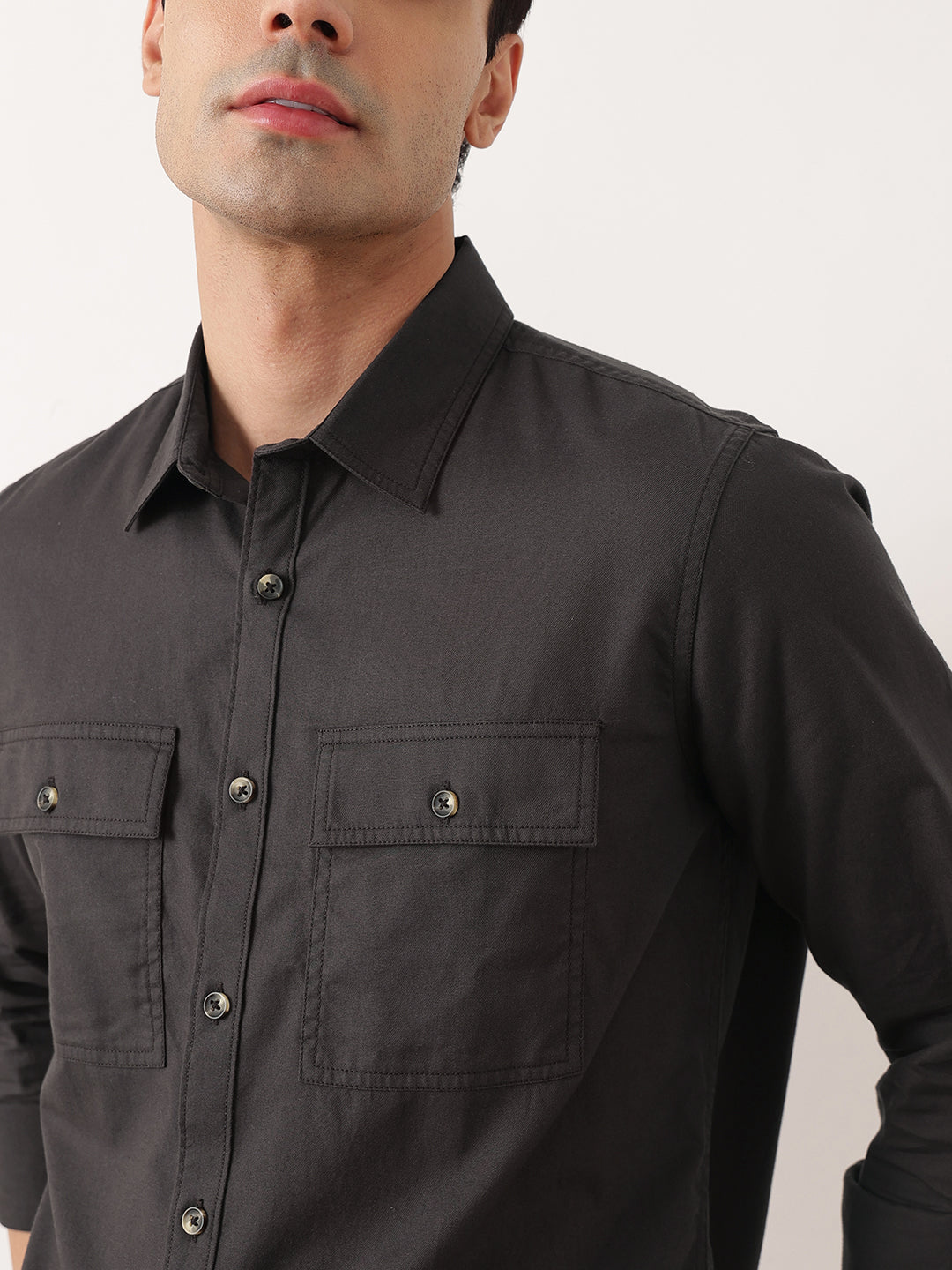 Thomas Scott Men Dark Grey Premium Regular Fit Long Sleeves Spread Collar Solid Cotton Casual Shirt with 2 Flap Pockets