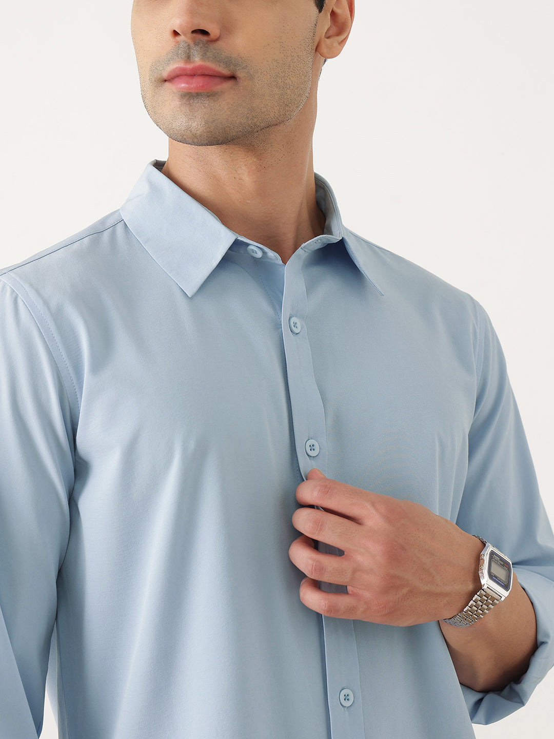 Thomas Scott Men Premium Sky Blue Slim Fit Long Sleeves Spread Collar Solid Casual Shirt