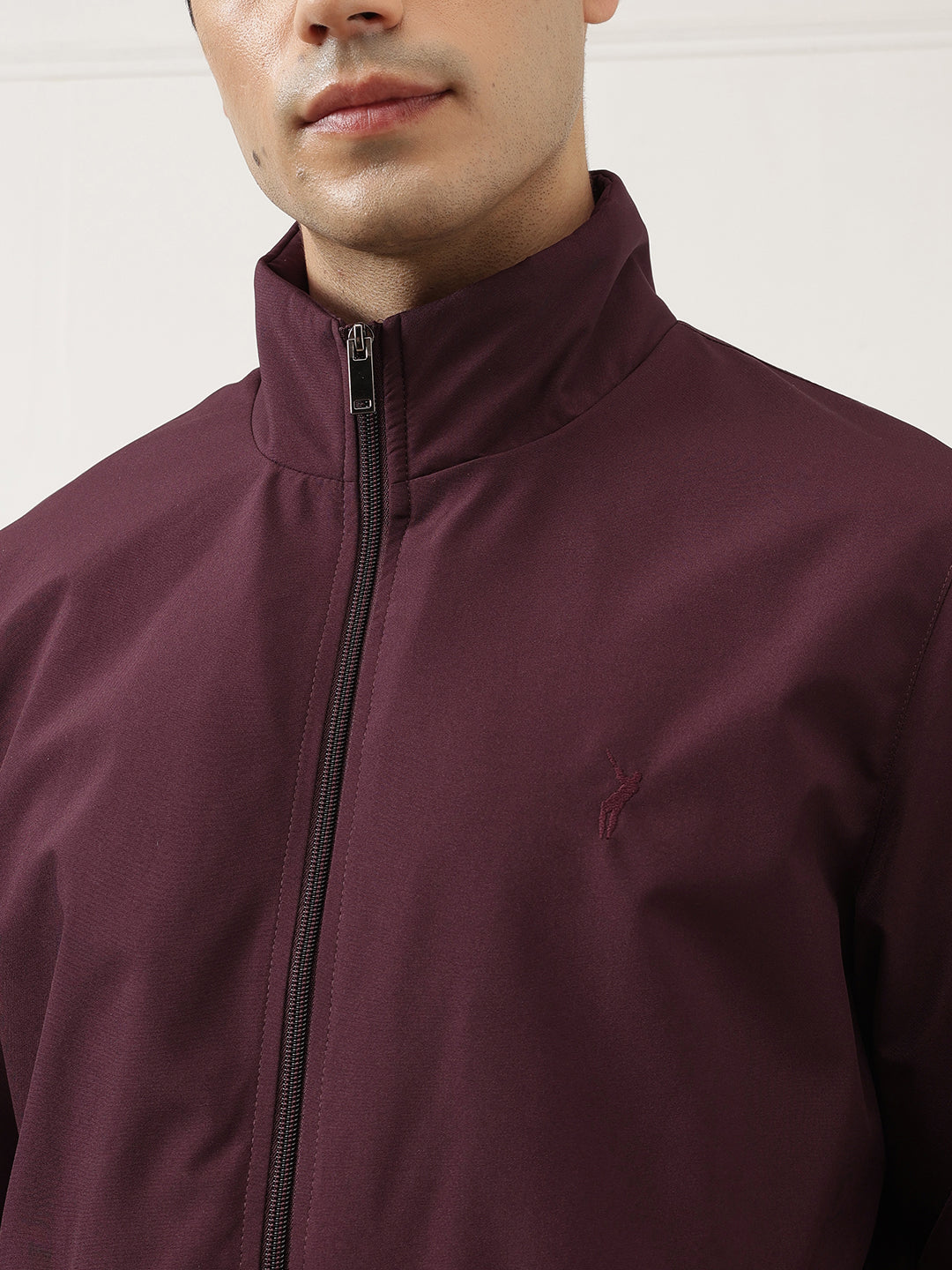 Burgundy Regular Fit Solid Full Sleeves Stand Collar Zip-Front Casual Bomber Jacket For Men