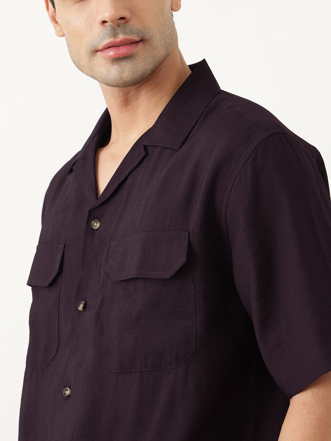 Thomas Scott Men Premium Wine Oversize Fit Short Sleeves Cuban Collar Textured Casual Shirt
