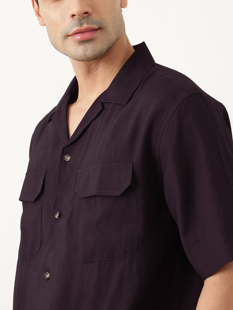 Thomas Scott Men Premium Wine Oversize Fit Short Sleeves Cuban Collar Textured Casual Shirt