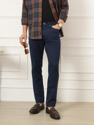Navy Smart Straight Fit Mid-Rise Solid Woven Trouser For Men