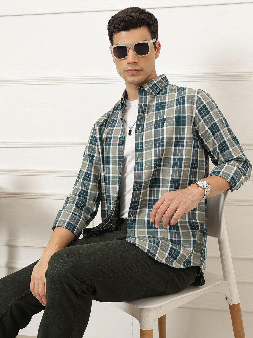 Olive Premium Regular Fit Tartan Checks Cotton Oxford Shirt For Men
