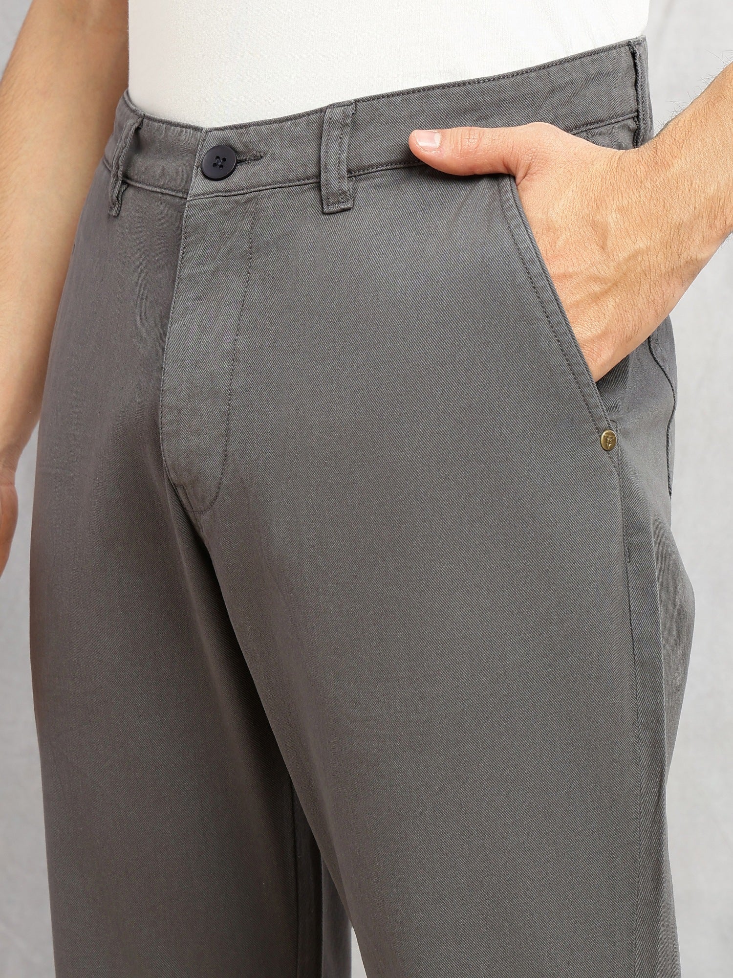 Charcoal Cricket Club Collection Straight Fit Mid-Rise Solid 4 Pockets 100% Cotton Woven Chinos Trouser