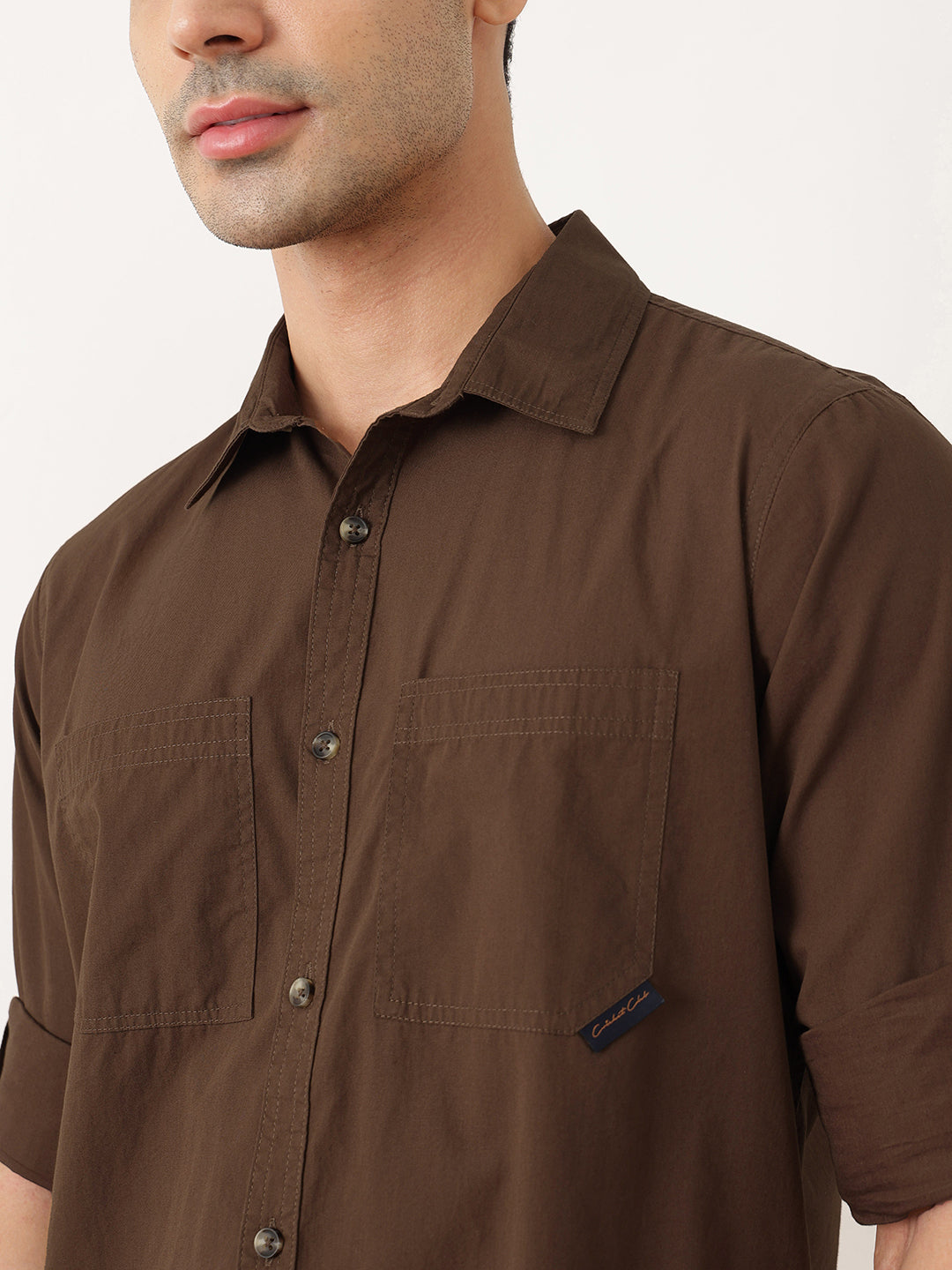 Thomas Scott Men Premium Brown Slim Fit Long Roll-Up Sleeves Spread Collar Solid Cotton Casual Shirts