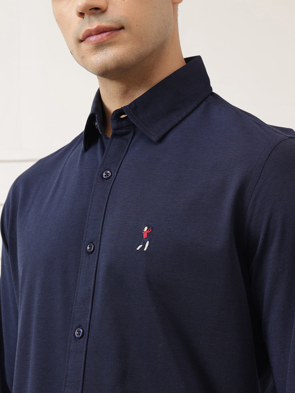 Navy Premium Regular Fit Spread Collar Full Sleeve Solid Cotton Casual Shirt For Men